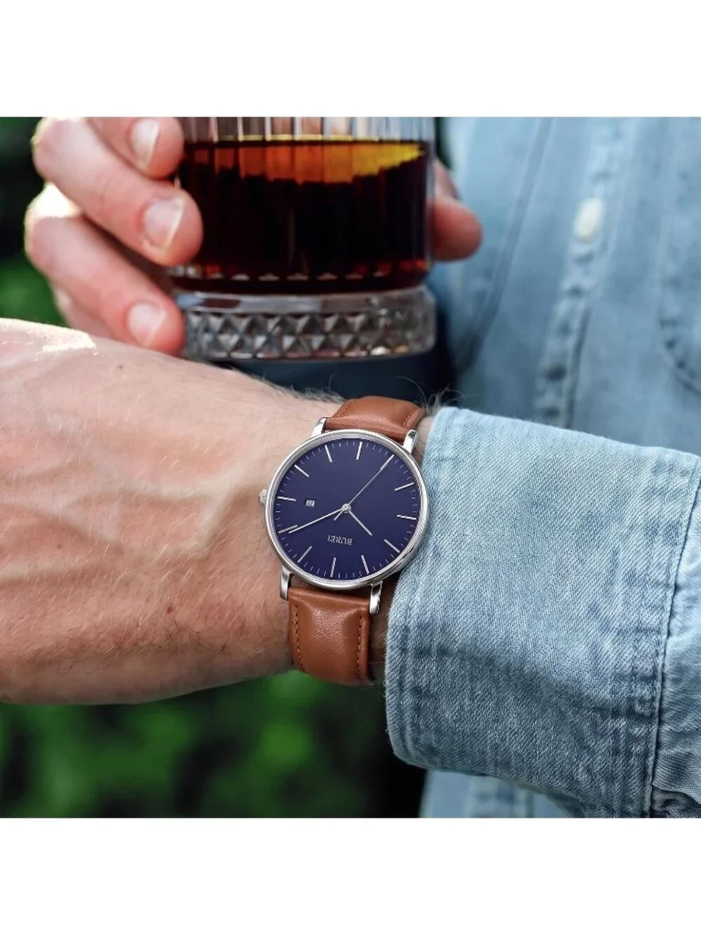 Men's Brown Blue Ultra Thin Minimalist Analog Waterproof Classic Wrist Watch